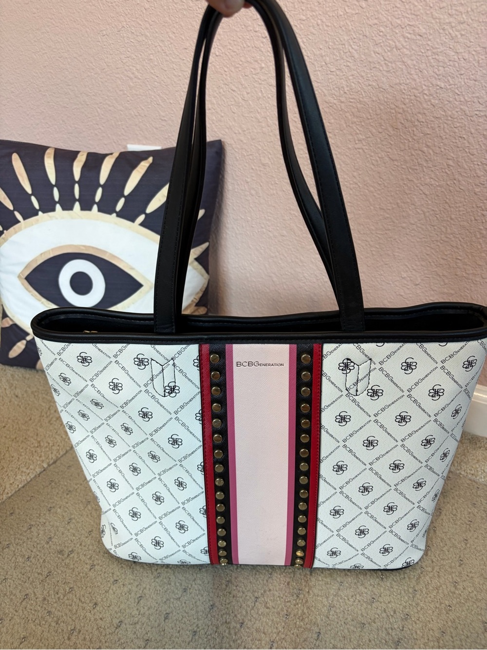 BCBGeneration Rina Monogram Studded Satchel Tote Bag Pink Red White